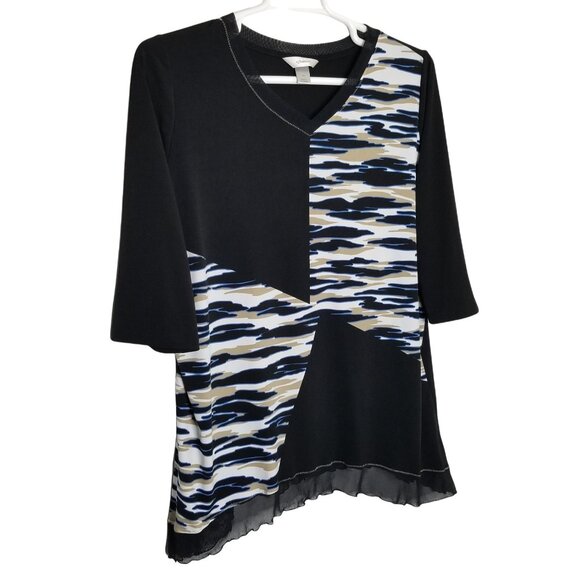 CJ Banks Sz 1X Shirt Artsy Fluid Jersey Stretch Sheer Ruffle Curved Hem Pullover - Picture 1 of 7